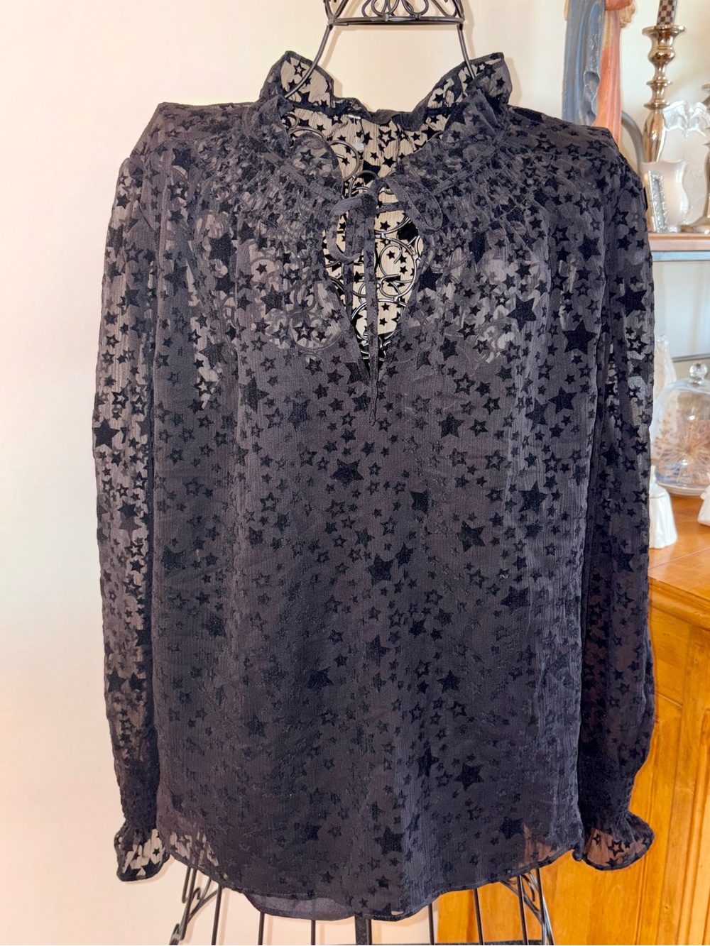 The Loft Star-Print Black Sheer Long-Sleeve Blouse